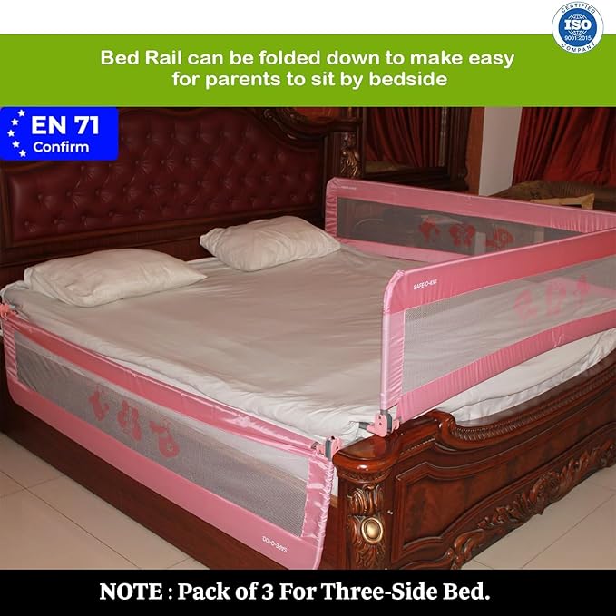 SAFE-O-KID® Fully Foldable Bed Rail Guard- Pink (6FT/183CM), Pack of 3