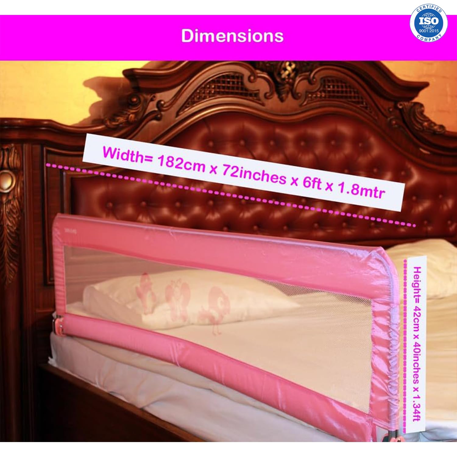 SAFE-O-KID® Fully Foldable Bed Rail Guard- Pink (6FT/183CM), Pack of 2