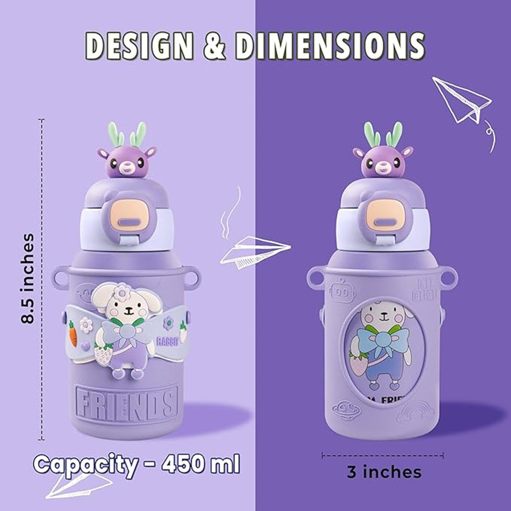 CuddleNest Cute Deer Character 450ml Kids Water Bottle | Vacuum Insulated, Leak-Proof, Stainless Steel Inside, Sipper & Straw, Push Button Lid | Perfect for School, Playdates, Travel, and Gifting