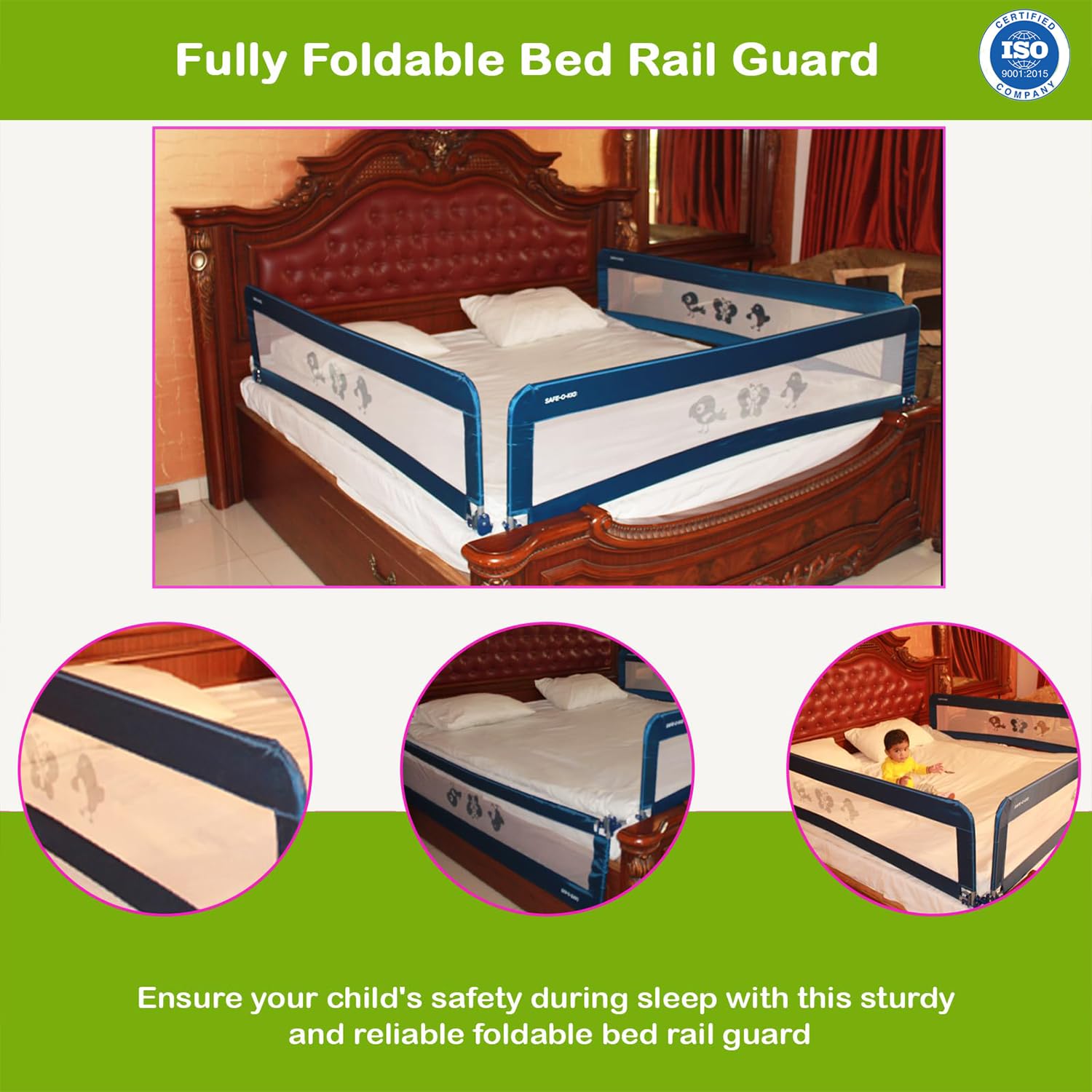 SAFE-O-KID® Fully Foldable Bed Rail Guard- Blue (5FT/152CM), Pack of 3