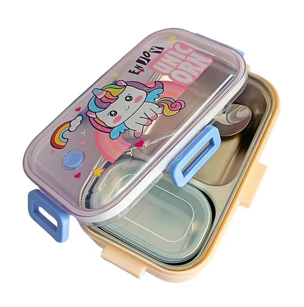 CuddleNest Pink Unicorn Kids Stainless Steel Lunch Box | 700ml + 100ml Soup Bowl | Leak-Proof | 4-Lock Design | Heat Insulation | Bento Tiffin for School, Picnics, Travel
