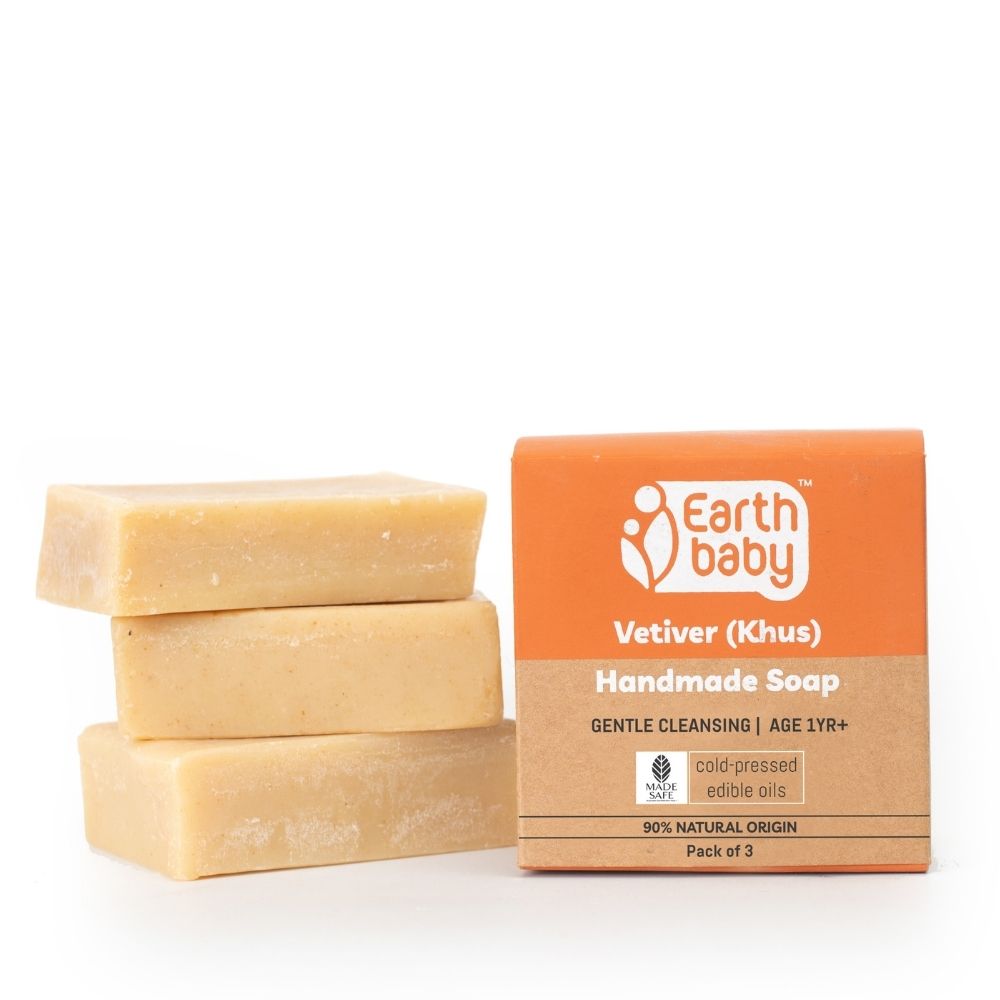 Earthbaby Natural Handmade Vetiver (Khus) bath soap (3 * 100 gm), 90% Natural Origin