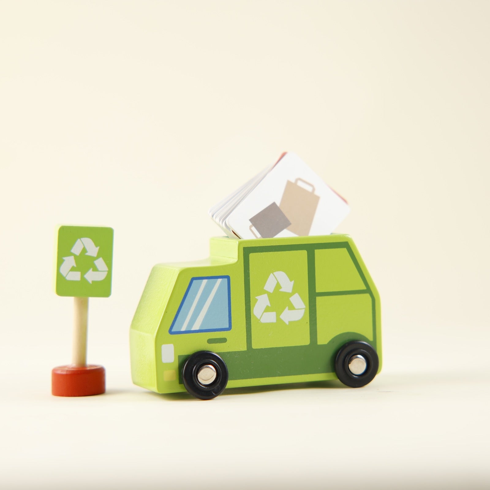 Playbox Wooden Tiny Trash Hub Reduce & Reuse Recycling Green Garbage Truck Toy