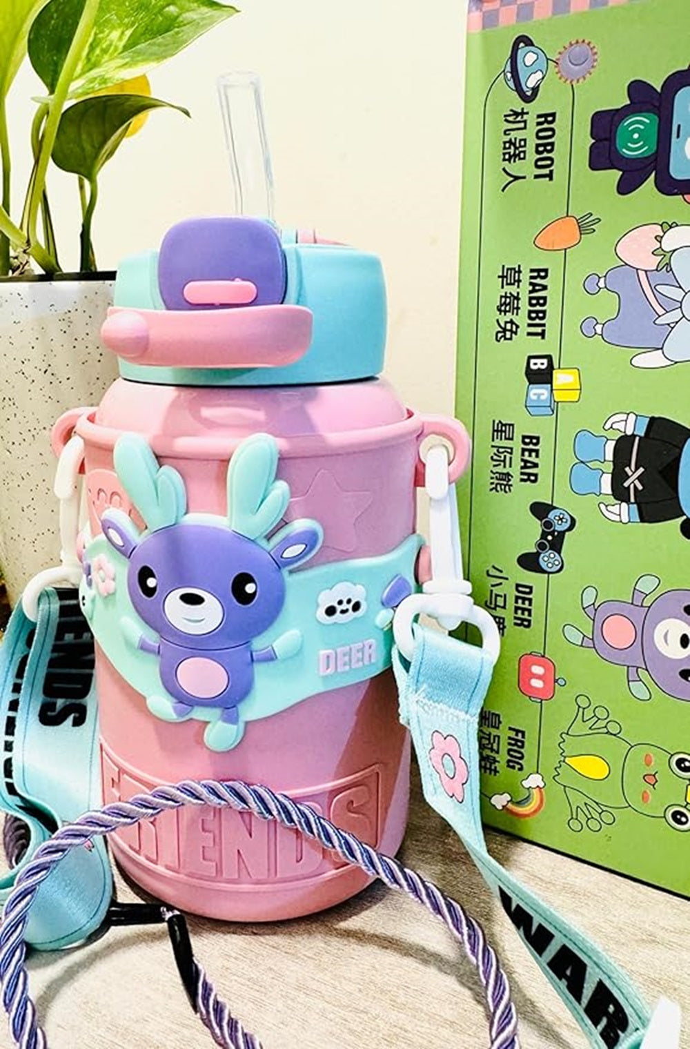 CuddleNest Cute Deer Character 450ml Kids Water Bottle | Vacuum Insulated, Leak-Proof, Stainless Steel Inside, Sipper & Straw, Push Button Lid | Perfect for School, Playdates, Travel, and Gifting