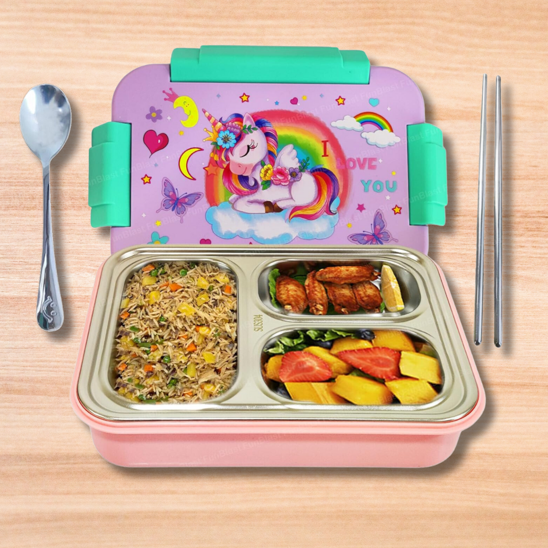 CuddleNest Unicorn Bento Lunch Box, Leakproof Container with Spoon, Sauce Compartment