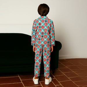 9 - 13 Yrs, Turquoise Snowman Checkered soft Cotton Kids Christmas Nightsuit - 9 Years Nightsuits