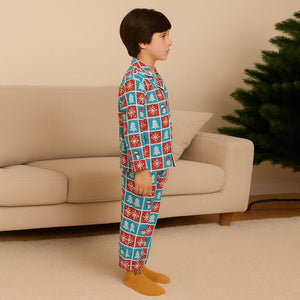 9 - 13 Yrs, Turquoise Snowman Checkered soft Cotton Kids Christmas Nightsuit - 9 Years Nightsuits