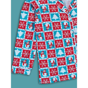 9 - 13 Yrs, Turquoise Snowman Checkered soft Cotton Kids Christmas Nightsuit - 9 Years Nightsuits