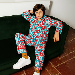 9 - 13 Yrs, Turquoise Snowman Checkered soft Cotton Kids Christmas Nightsuit - 9 Years Nightsuits