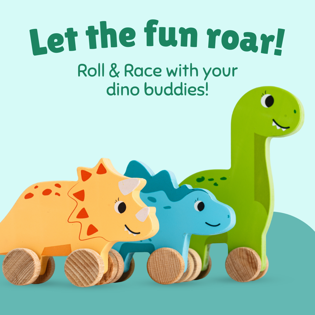 Cots and Cuddles Wooden Dino with Wheels Toy for Kids (Pack of 3)