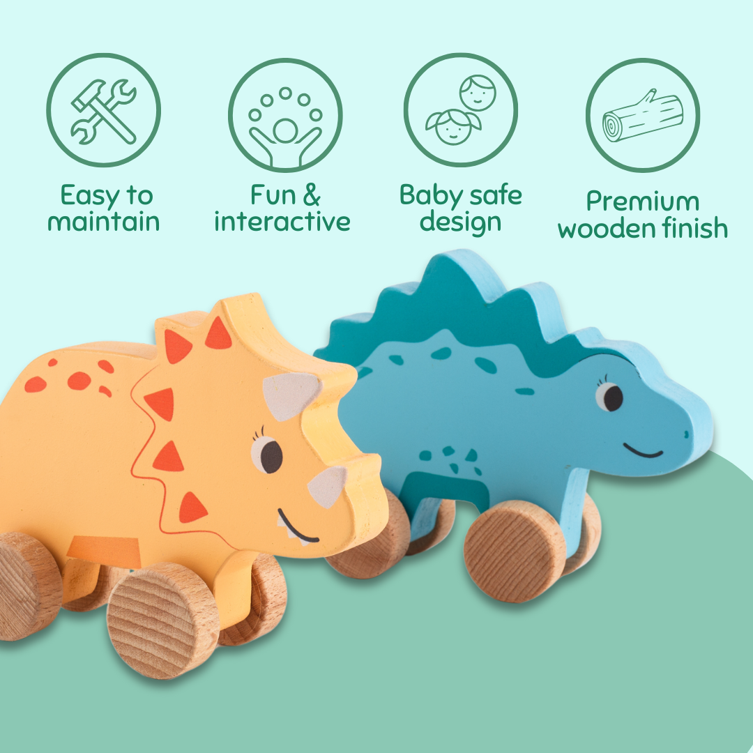 Cots and Cuddles Wooden Dino with Wheels Toy for Kids (Pack of 3)