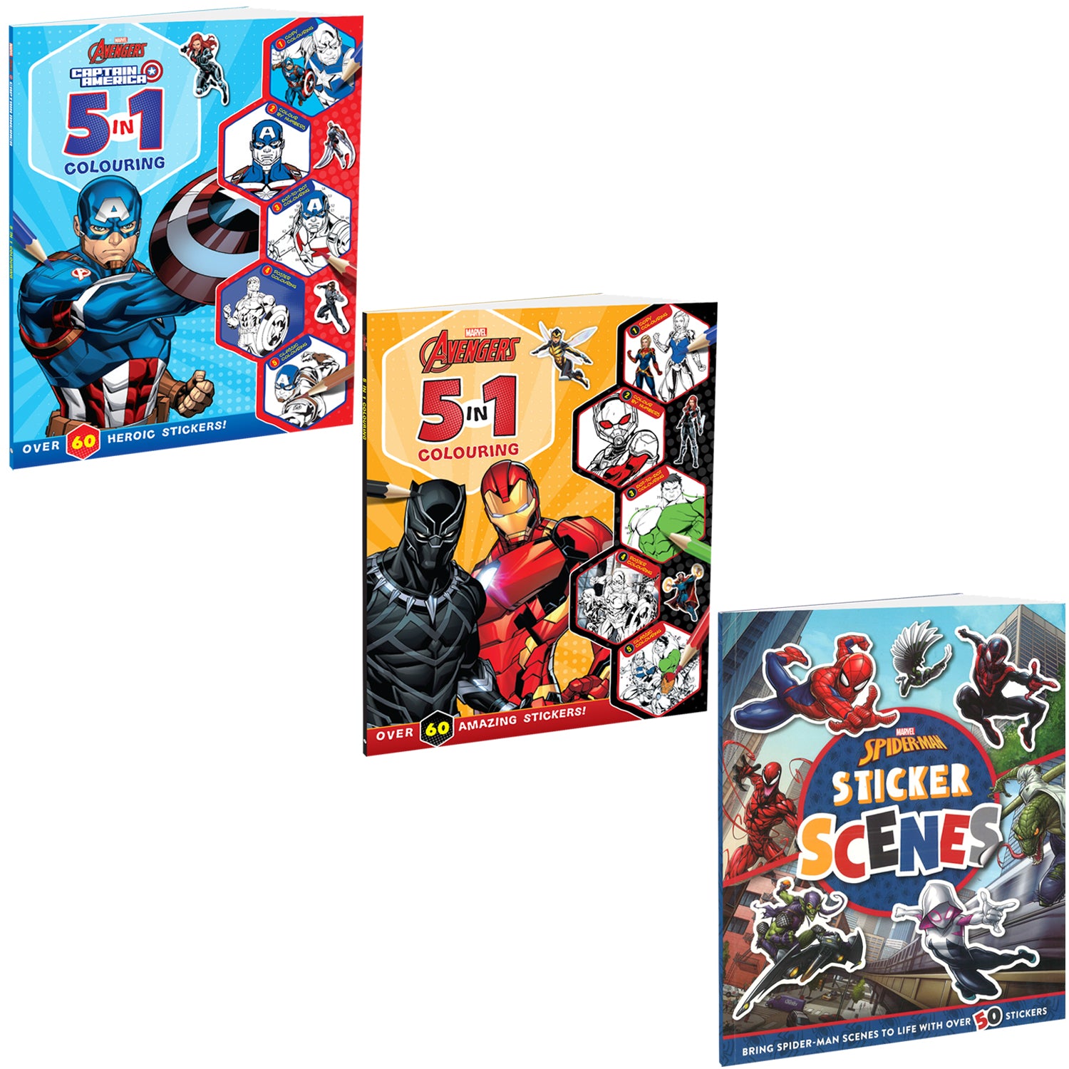 Parragon Publishing Marvel Avengers Stickers and 5-in-1 Colouring Pack of 3 Books