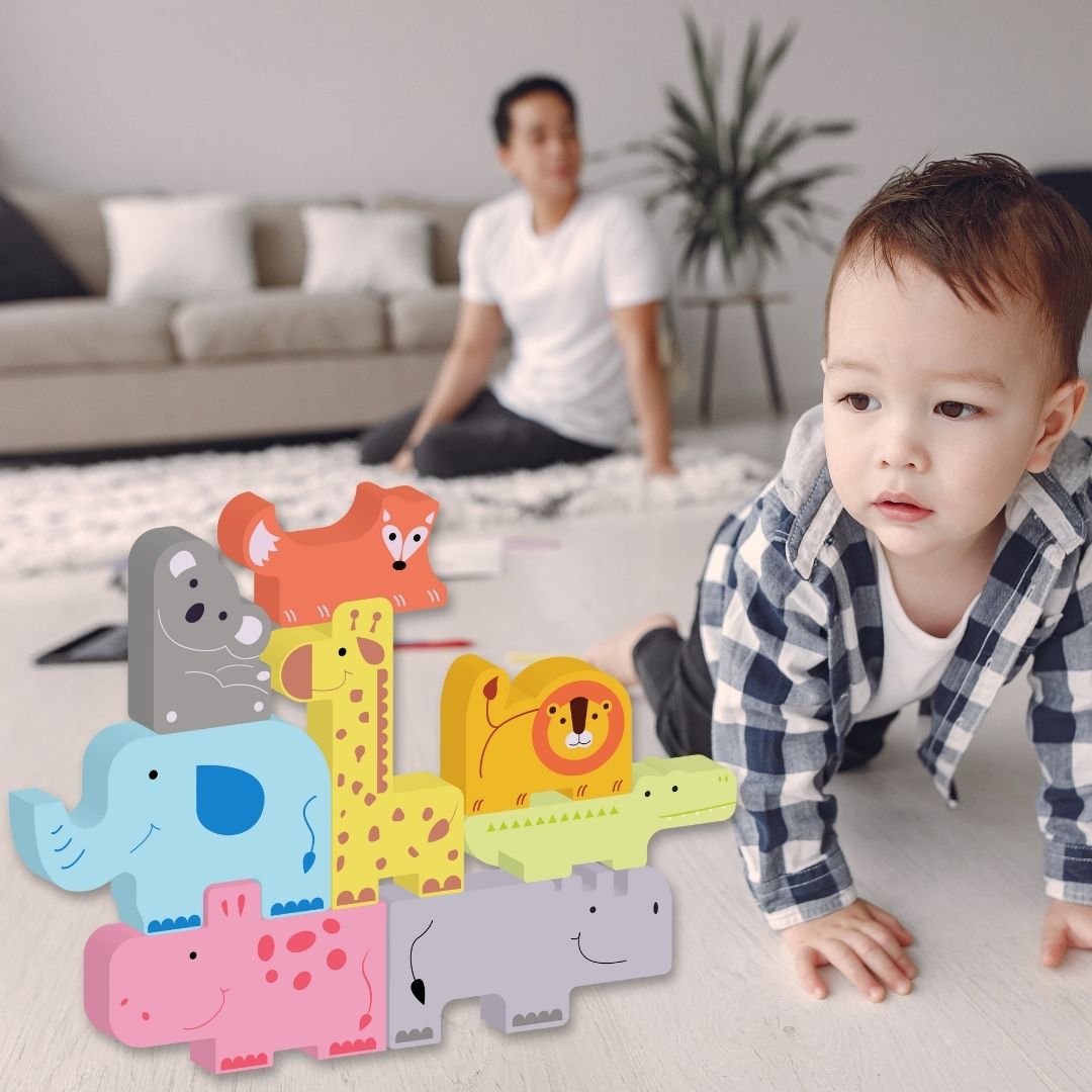 Cots & Cuddles 8pc Wooden Animals Stacking Toy for Toddlers 6 months+