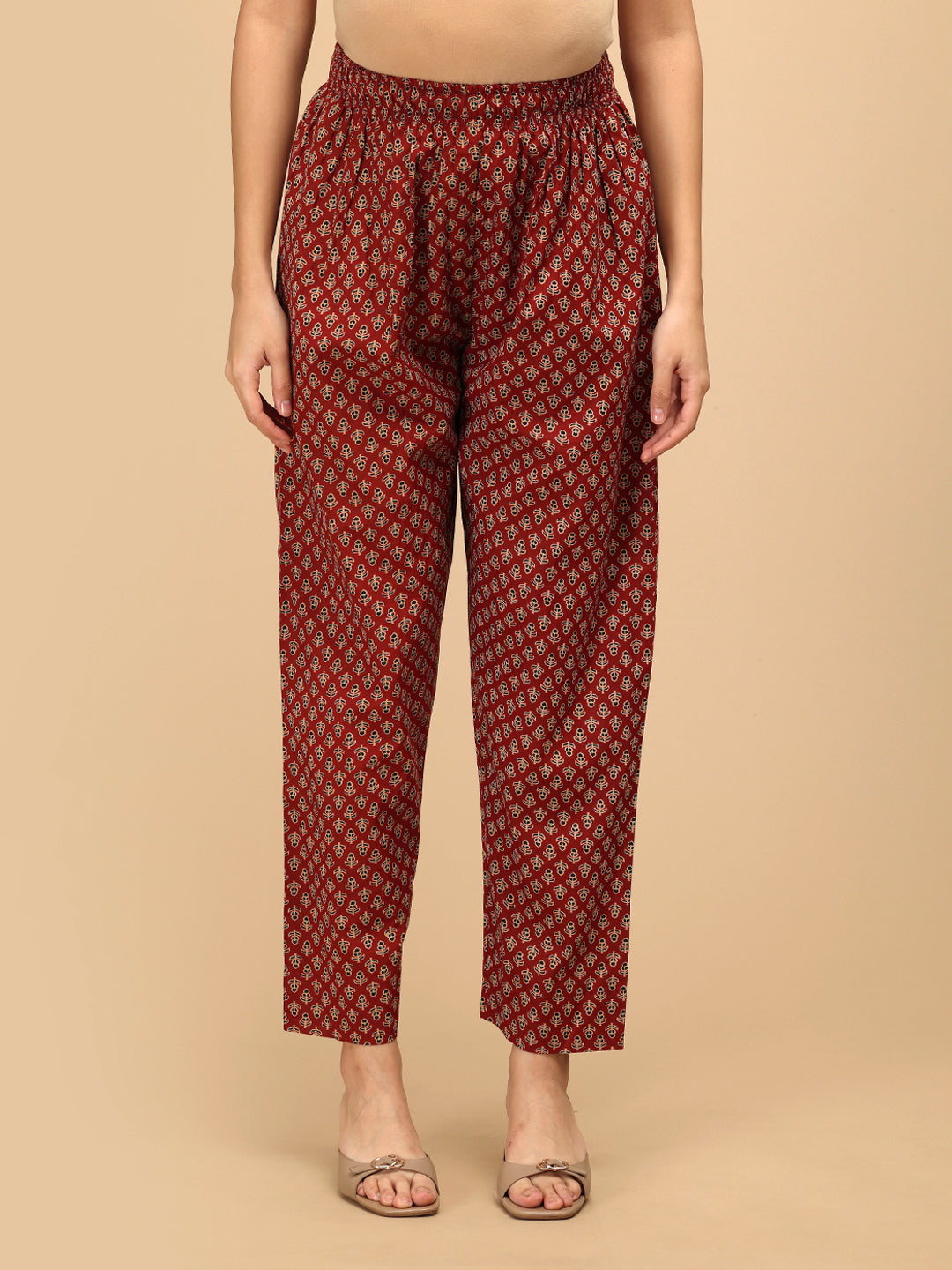 Aafreen Maternity and Nursing Anarkali Kurta Set red printed maternity pants front view.