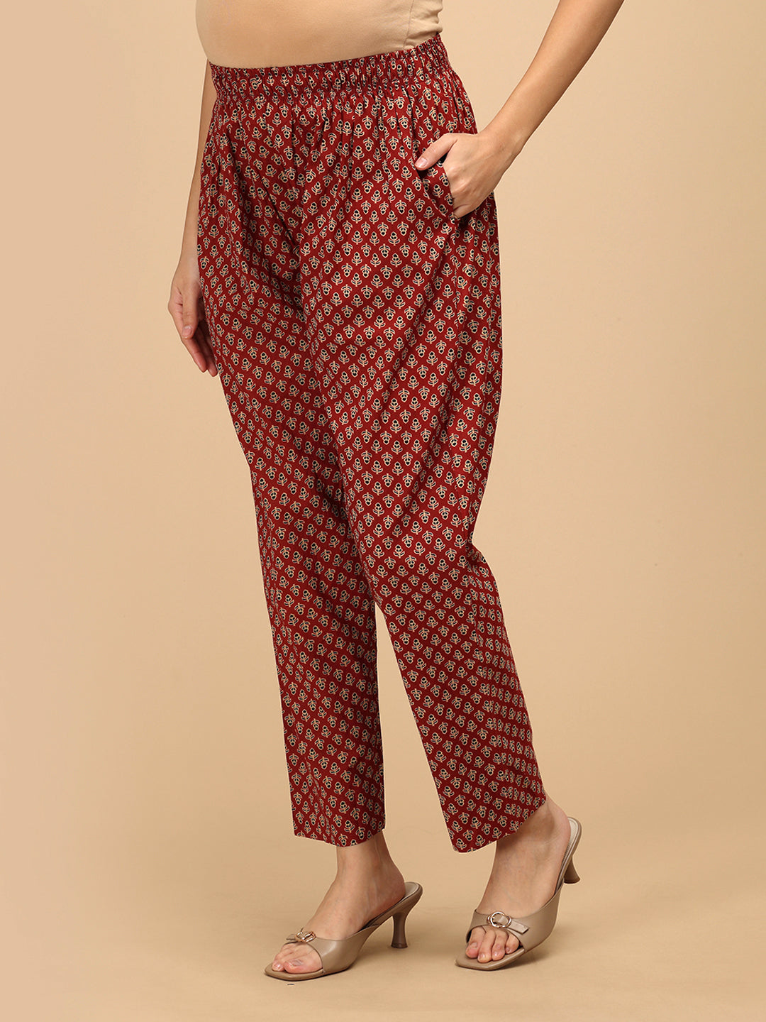 Aafreen Maternity and Nursing Anarkali Kurta Set red printed maternity pants side view.