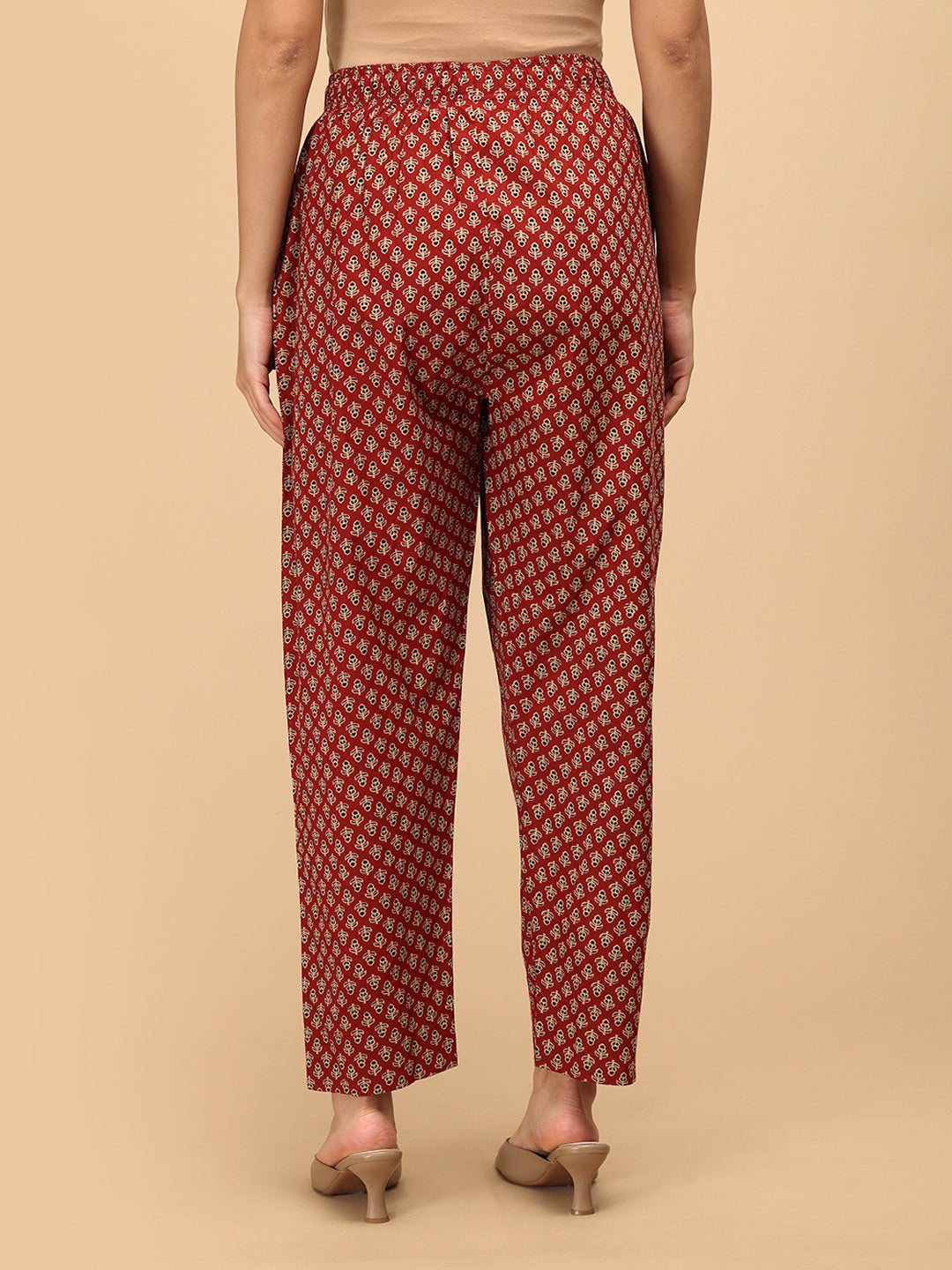 Aafreen Maternity and Nursing Anarkali Kurta Set red printed maternity pants back view.