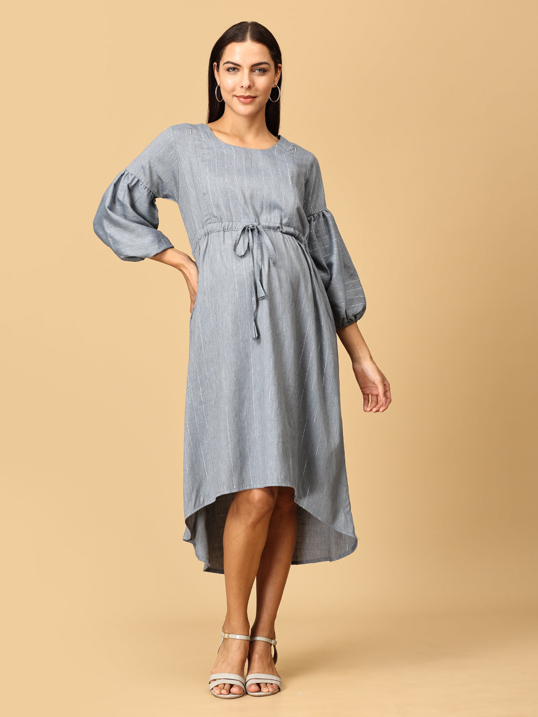 Arona Grey Shimmer Stripes Maternity and Nursing Dress