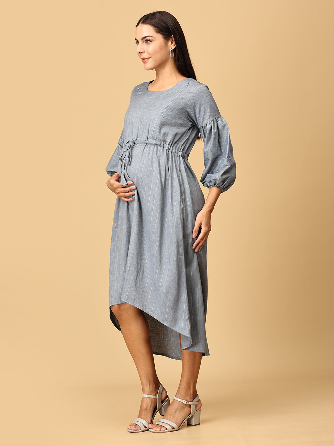 Arona Grey Shimmer Stripes Maternity and Nursing Dress