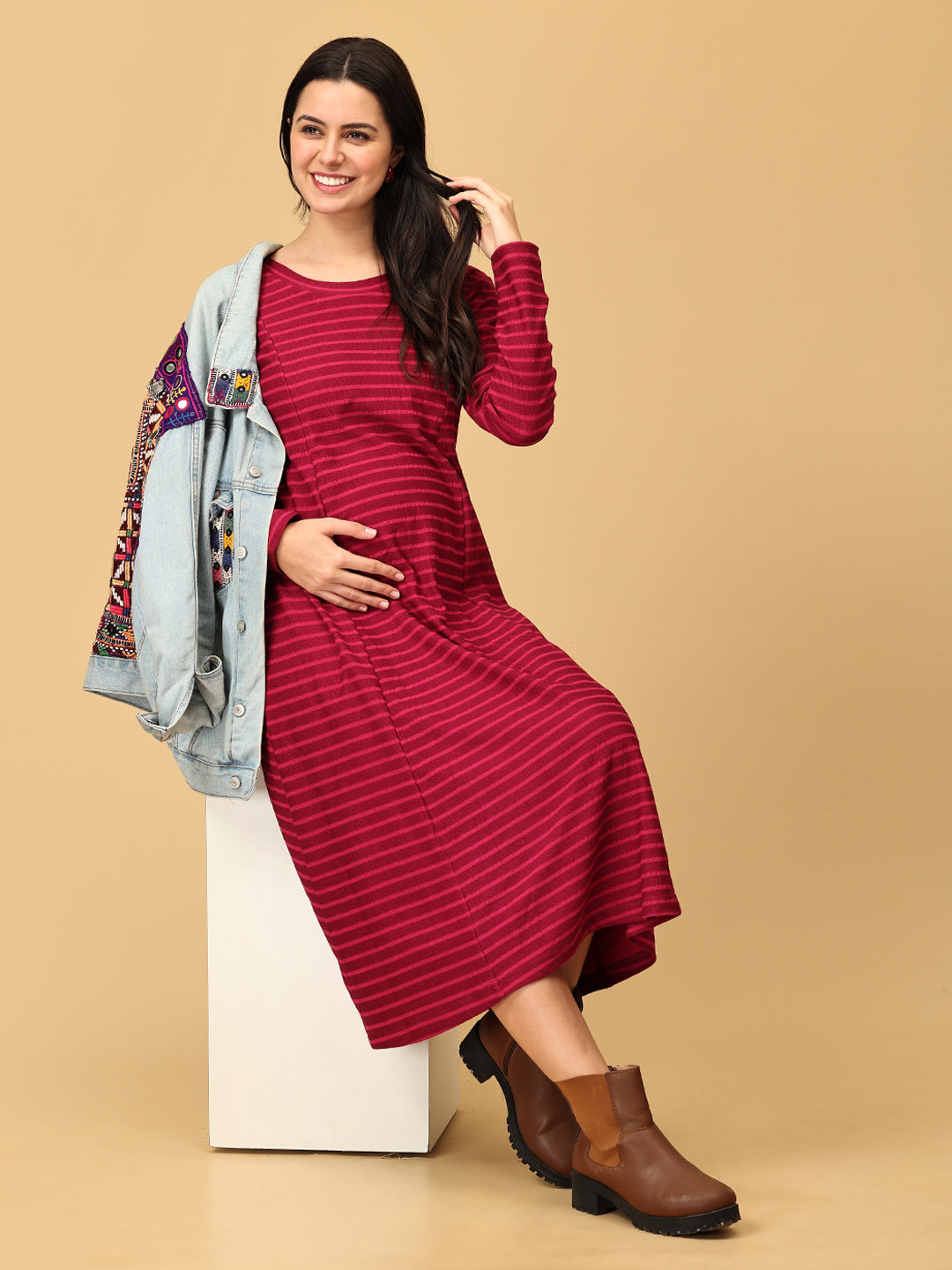 Aurora Berry-alis Ribbed Maternity and Nursing Dress