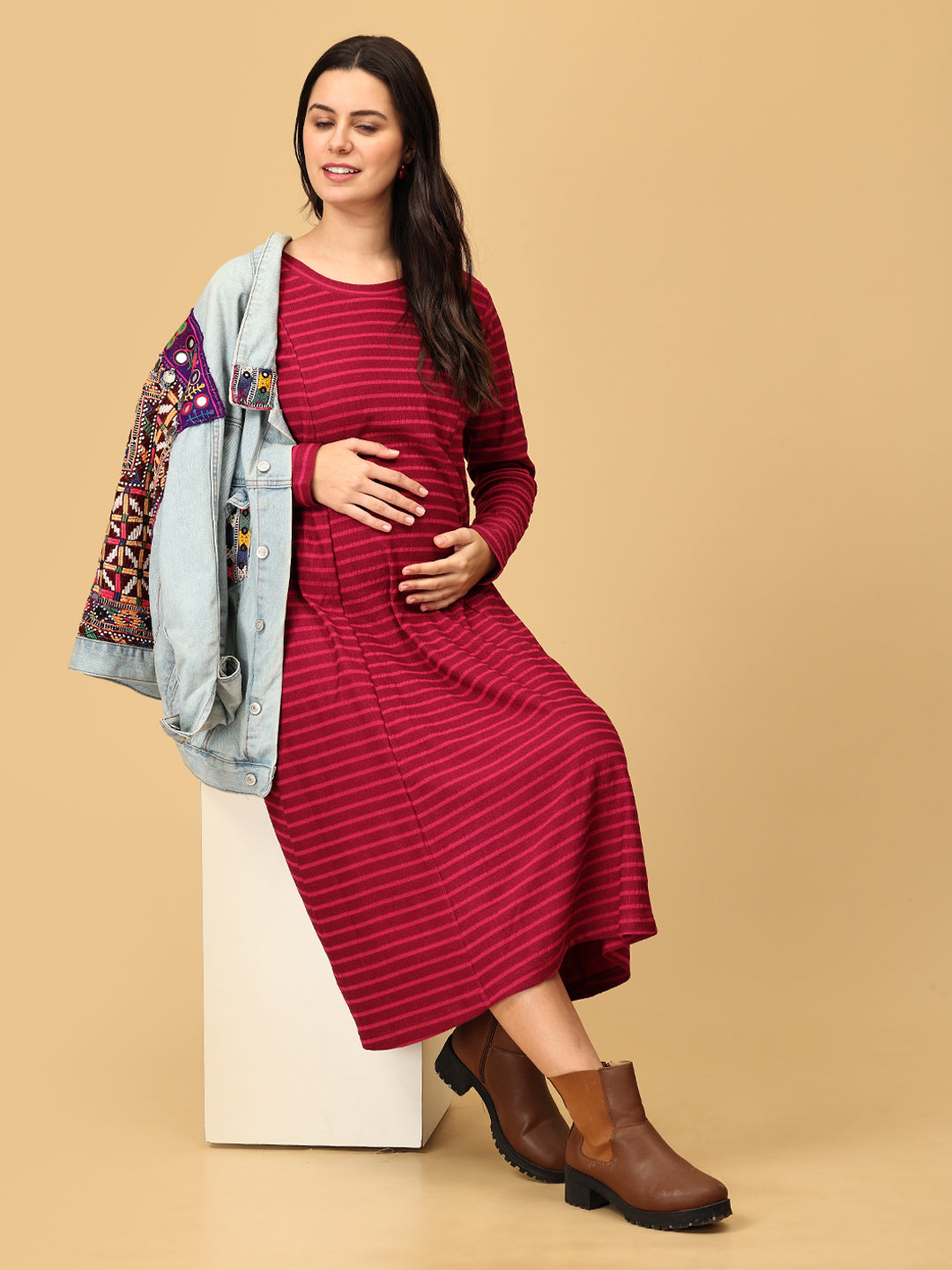 Aurora Berry-alis Ribbed Maternity and Nursing Dress