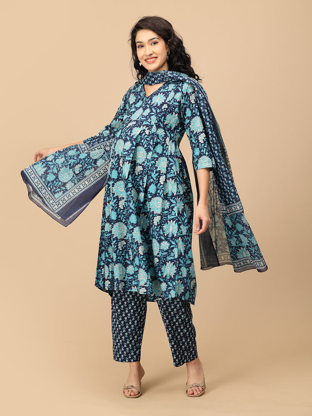 Full outfit of Azure Grace maternity and nursing kurta set with blue floral handblock print