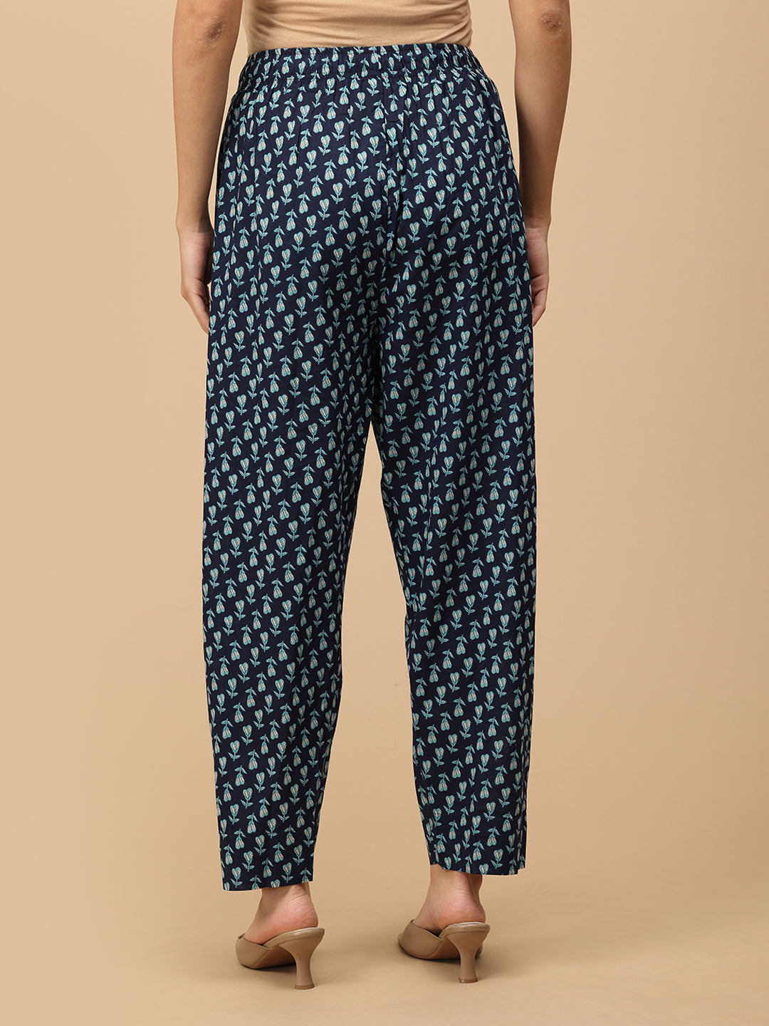 Back view of Azure Grace maternity kurta showing blue floral print and straight pants