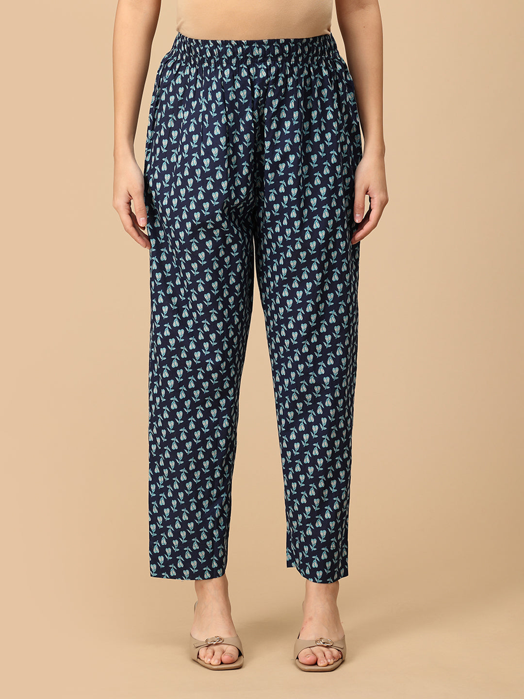 Front view of Azure Grace maternity kurta showing blue floral print and straight pants