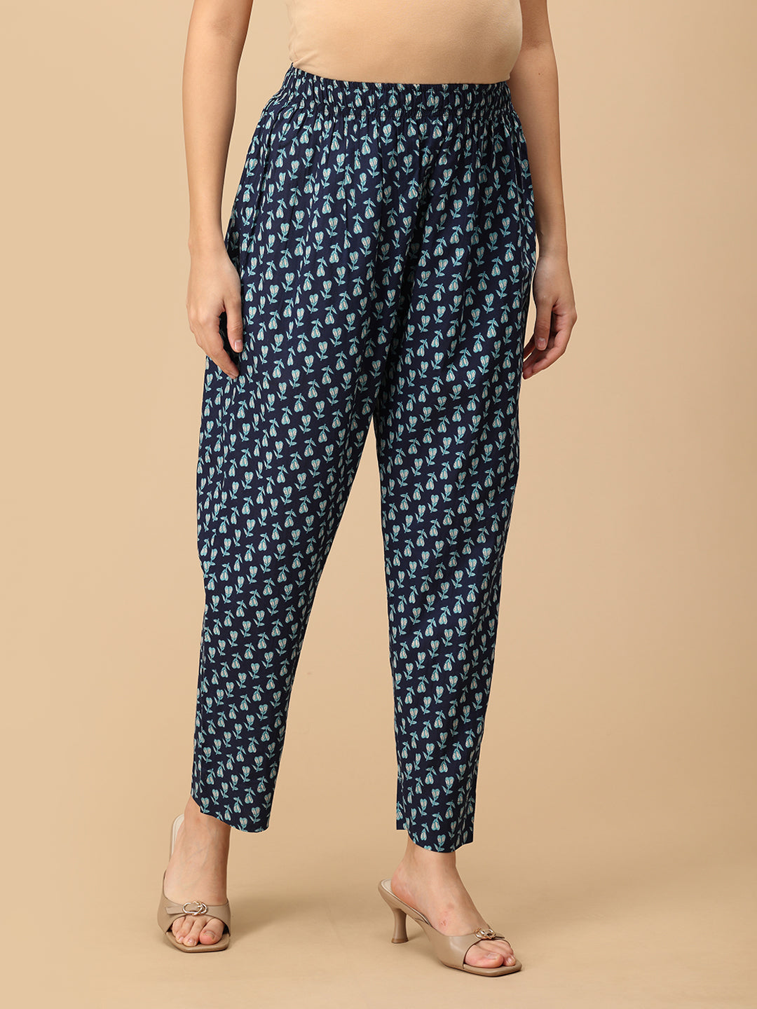 Side view of Azure Grace maternity kurta showing blue floral print and straight pants