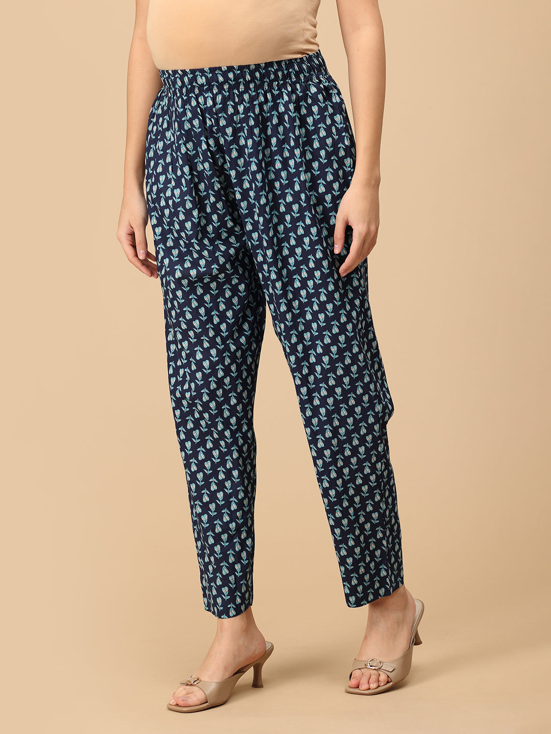 Side view of Azure Grace maternity kurta showing blue floral print and straight pants