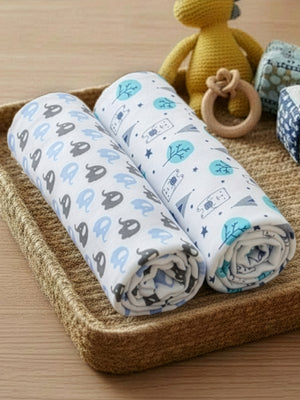 Baby Swaddle Wrap Combo- Blue Forest & Mumbo Jumbo - The Mom Store