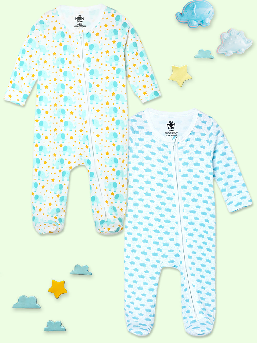 Baby Zipper Romper Combo Of 2: Elephantastic- Happy Cloud