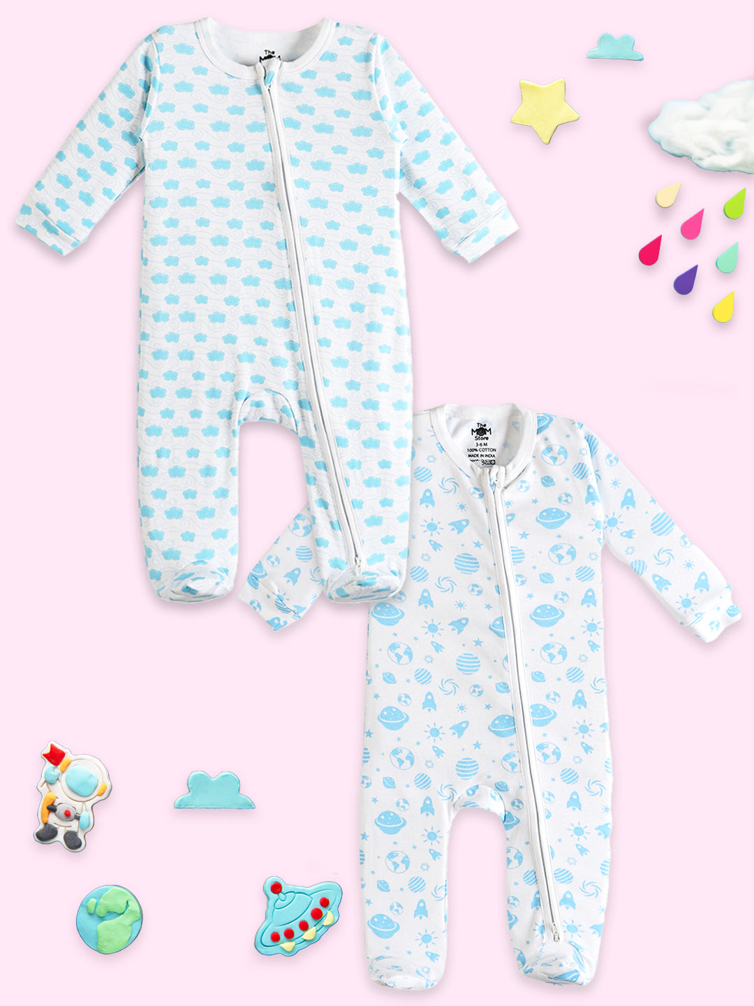 Baby Zipper Romper Combo Of 2: Happy Cloud-Out Of World