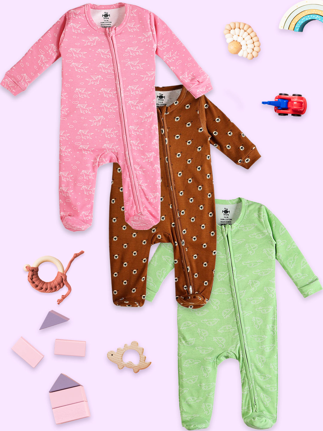 Baby Zipper Romper Combo Of 3: Vrrom Vrrom-Beary Best-Fairyland