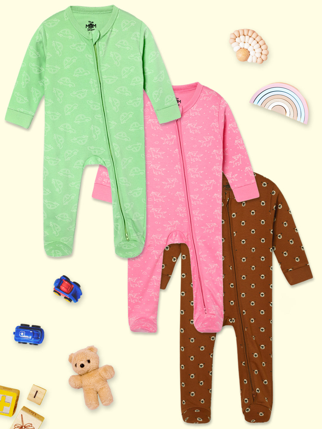 Baby Zipper Romper Combo Of 3: Vrrom Vrrom-Beary Best-Fairyland