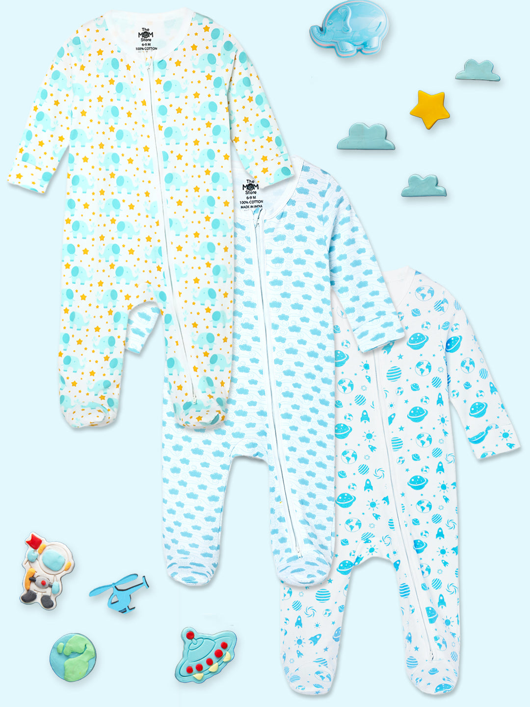 Baby Zipper Romper Combo of 3: Elephantastic-Happy Cloud-Out Of World