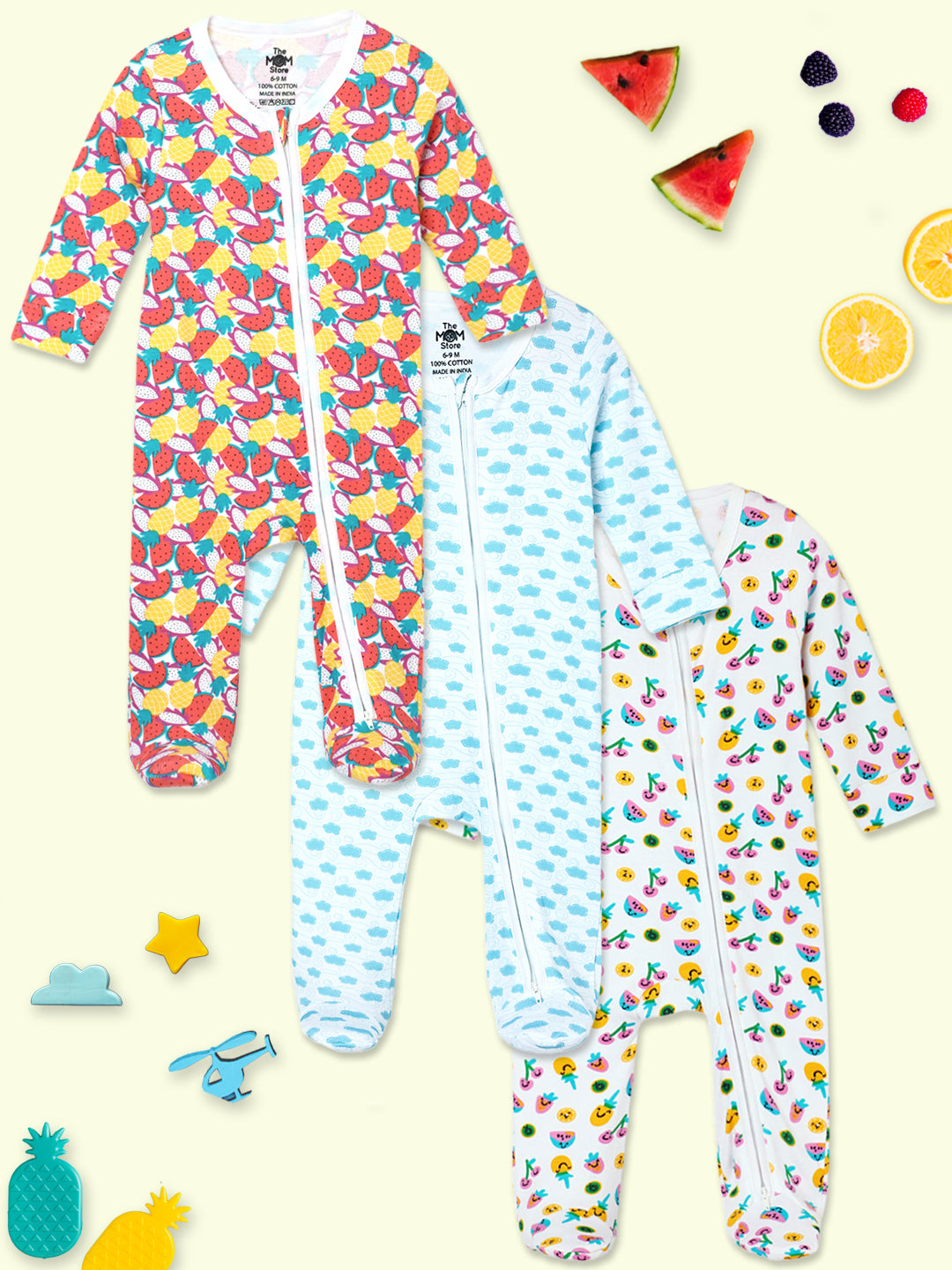 Baby Zipper Romper Combo of 3: Fruitilicious-Berry Bites-Happy Cloud