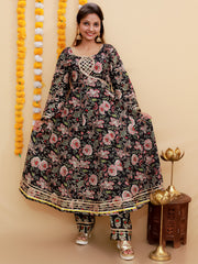 Black Block Print Anarkali Kurta Set