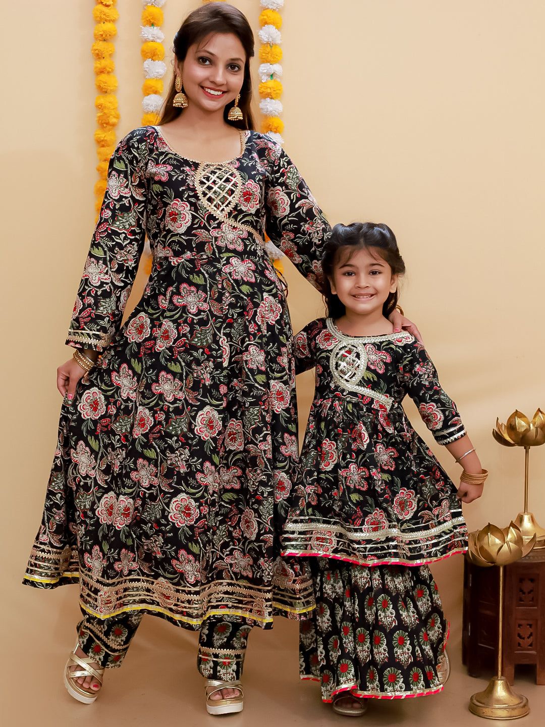 Twinning Combo-Black Block Print Anarkali Kurta Set with Black Block Print Girls Anarkali Sharara Set