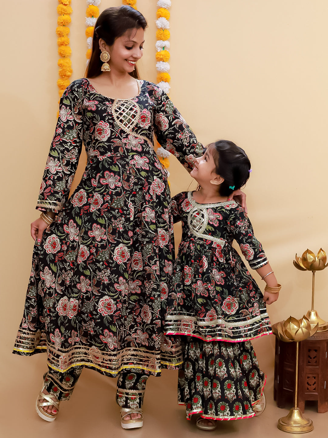 Twinning Combo-Black Block Print Anarkali Kurta Set with Black Block Print Girls Anarkali Sharara Set