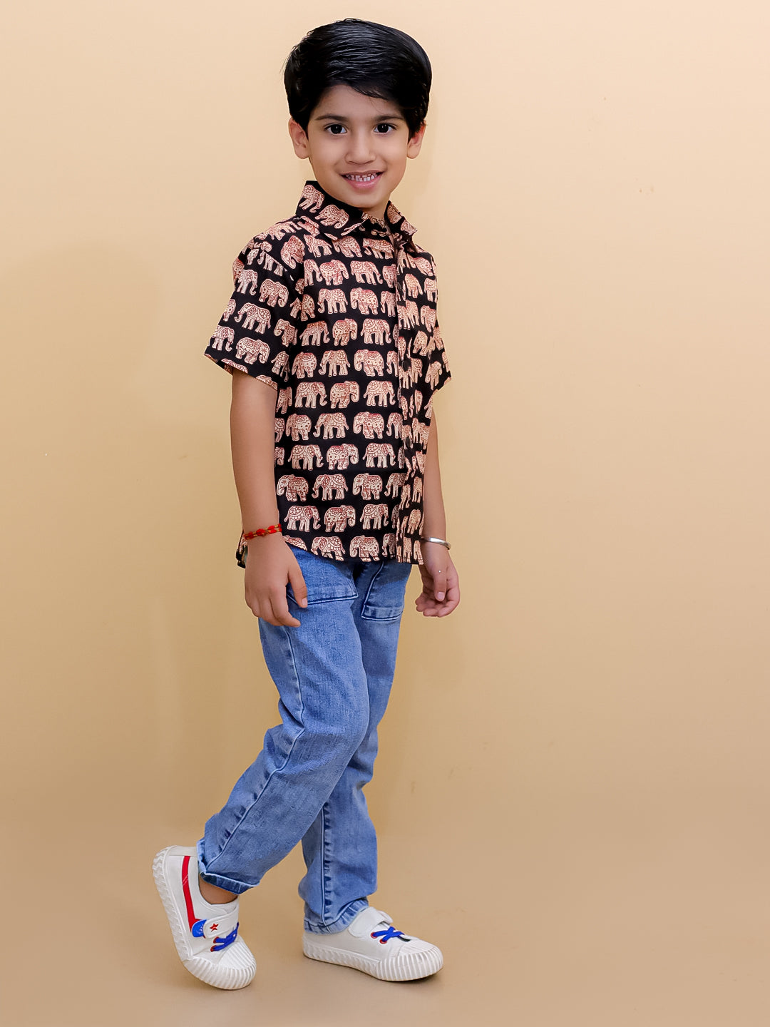 Twinning Combo-Black Elephant Print Mens Shirt with Black Elephant Print Boys Shirt