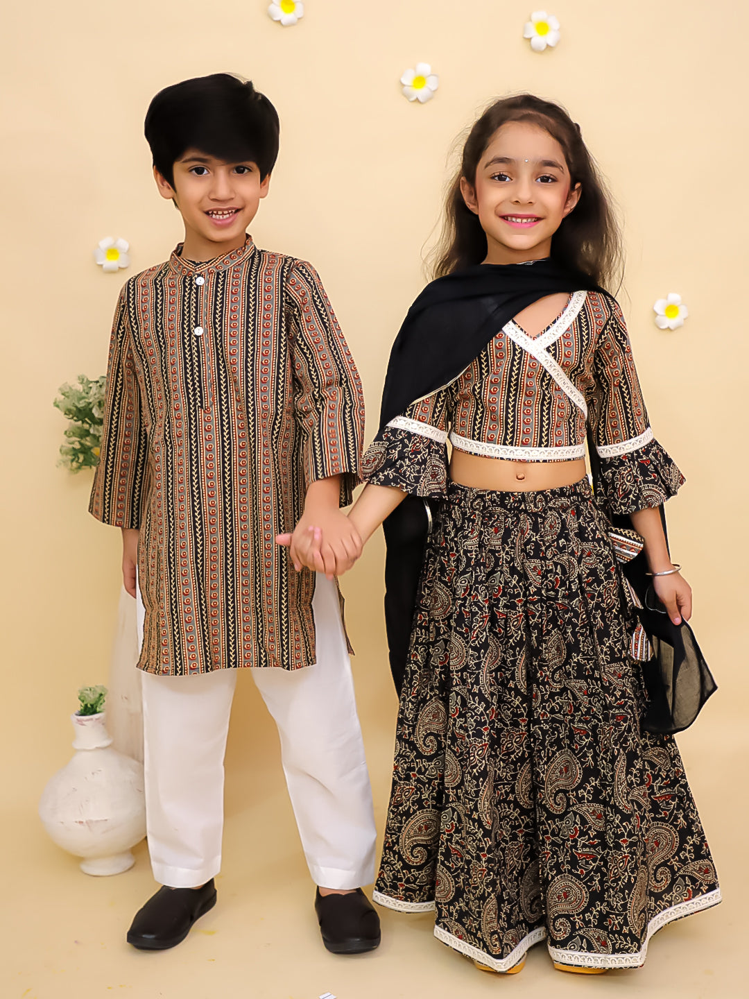 Ethnic Set-Black Kalamkari Girls Lehenga Set and Boys Kurta Set