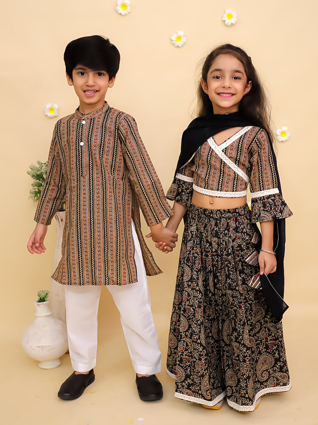 Ethnic Set-Black Kalamkari Girls Lehenga Set and Boys Kurta Set