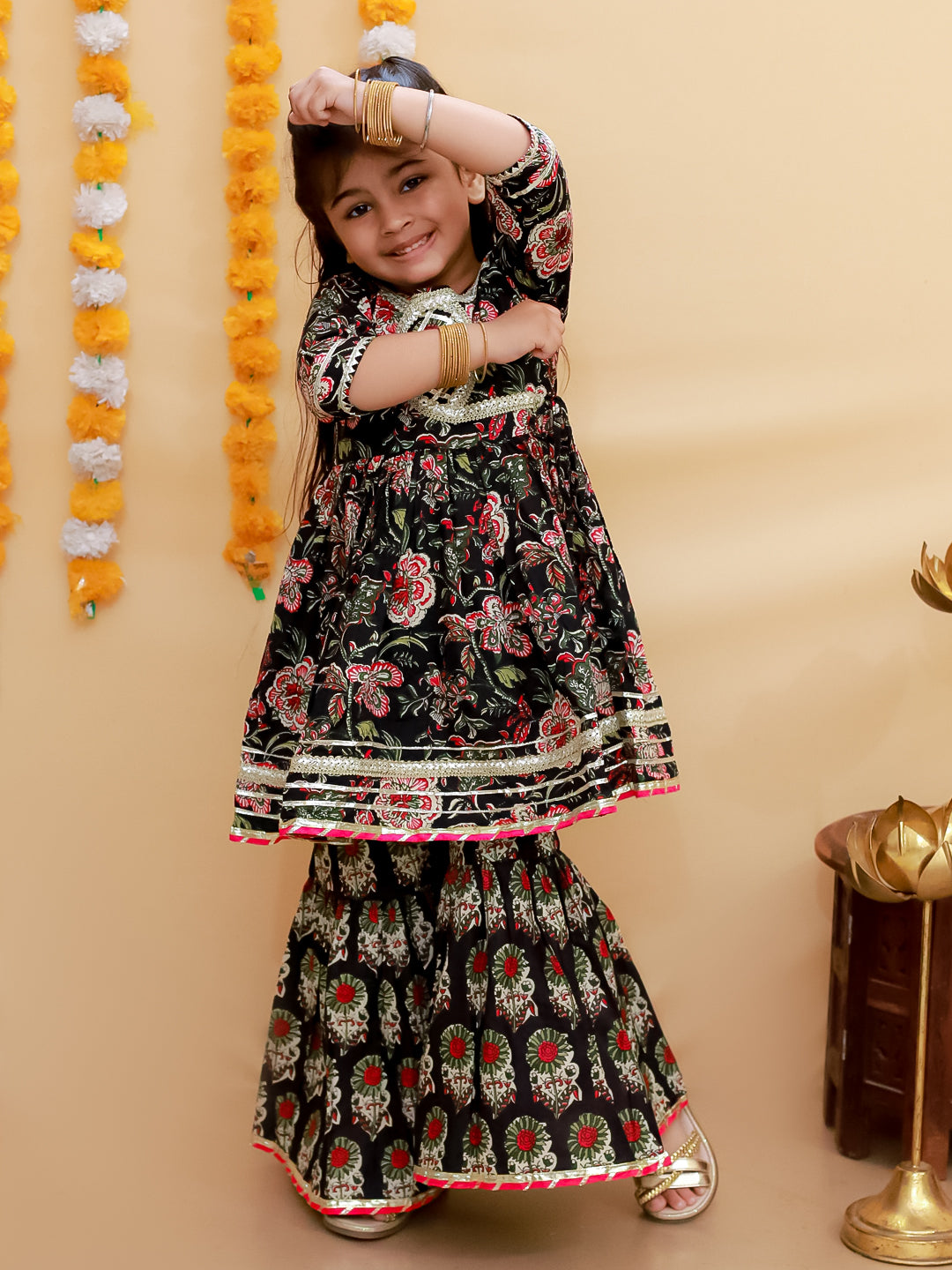 Black Block Print Girls Anarkali Sharara Set