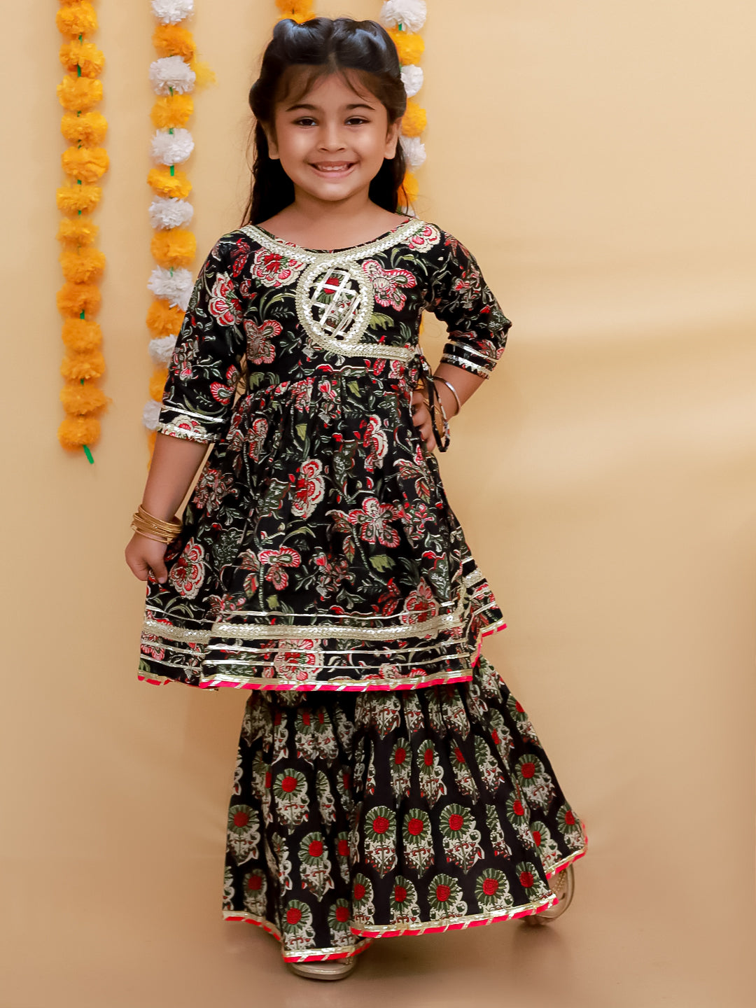 Black Block Print Girls Anarkali Sharara Set