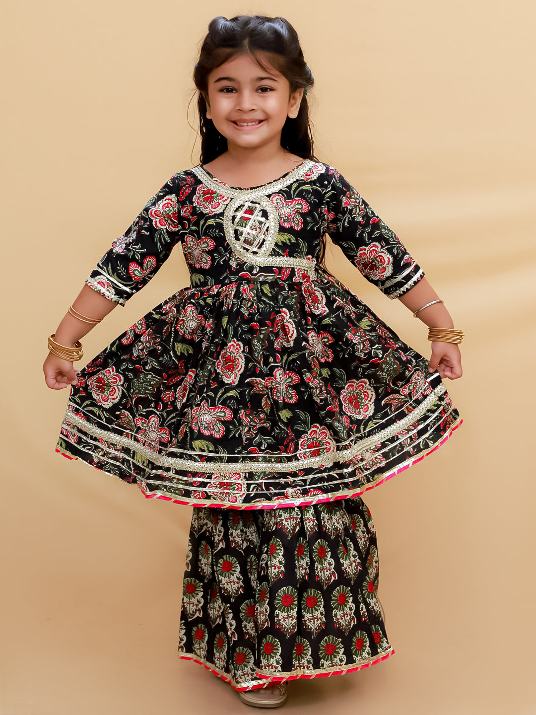 Black Block Print Girls Anarkali Sharara Set