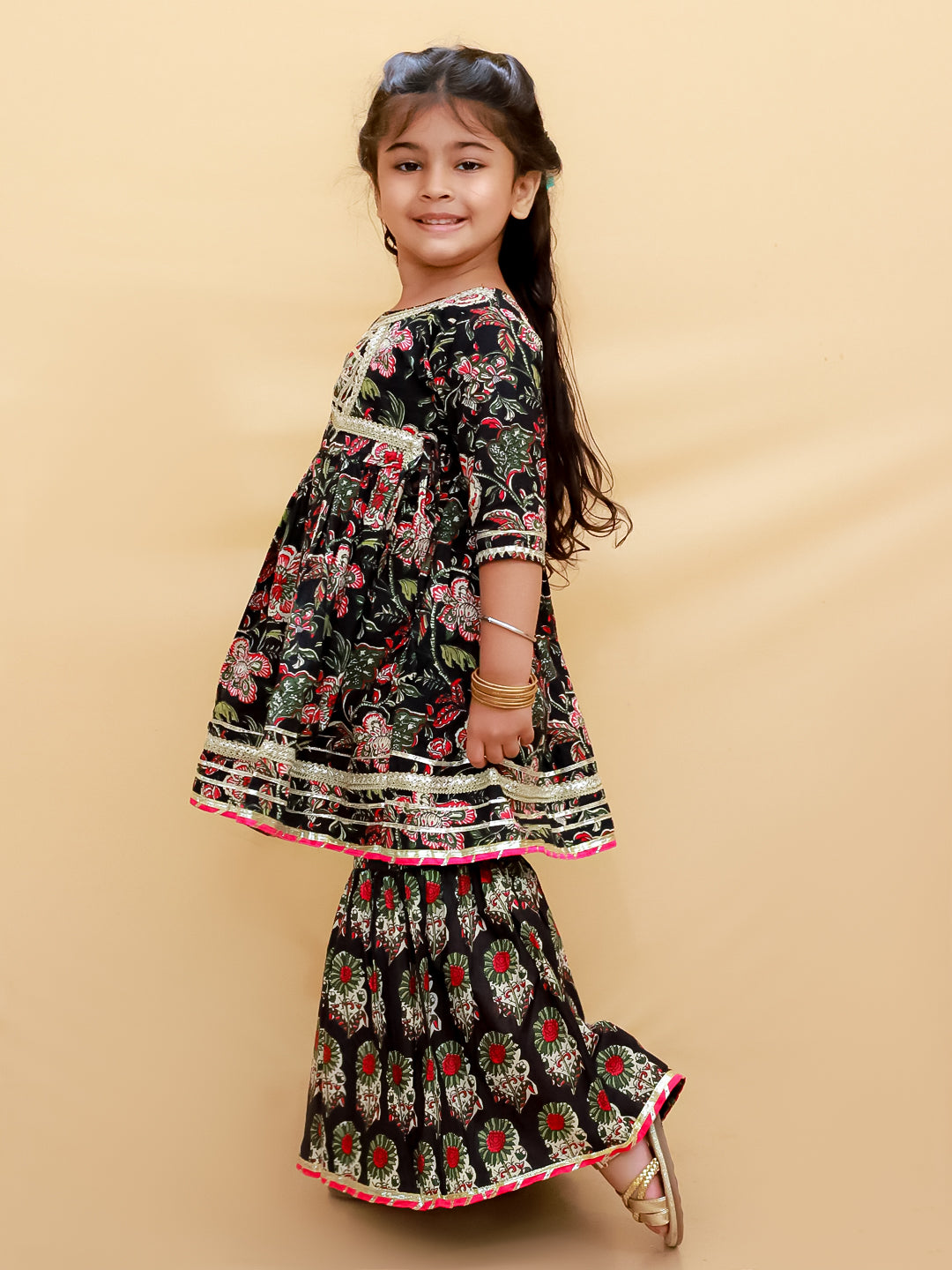 Black Block Print Girls Anarkali Sharara Set