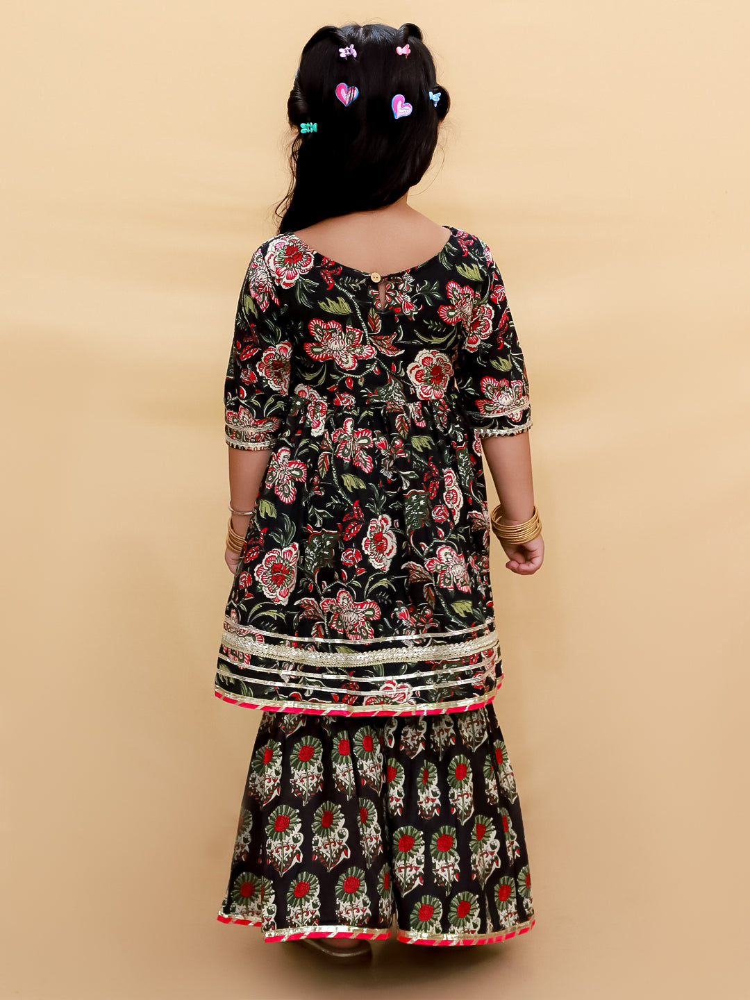 Black Block Print Girls Anarkali Sharara Set