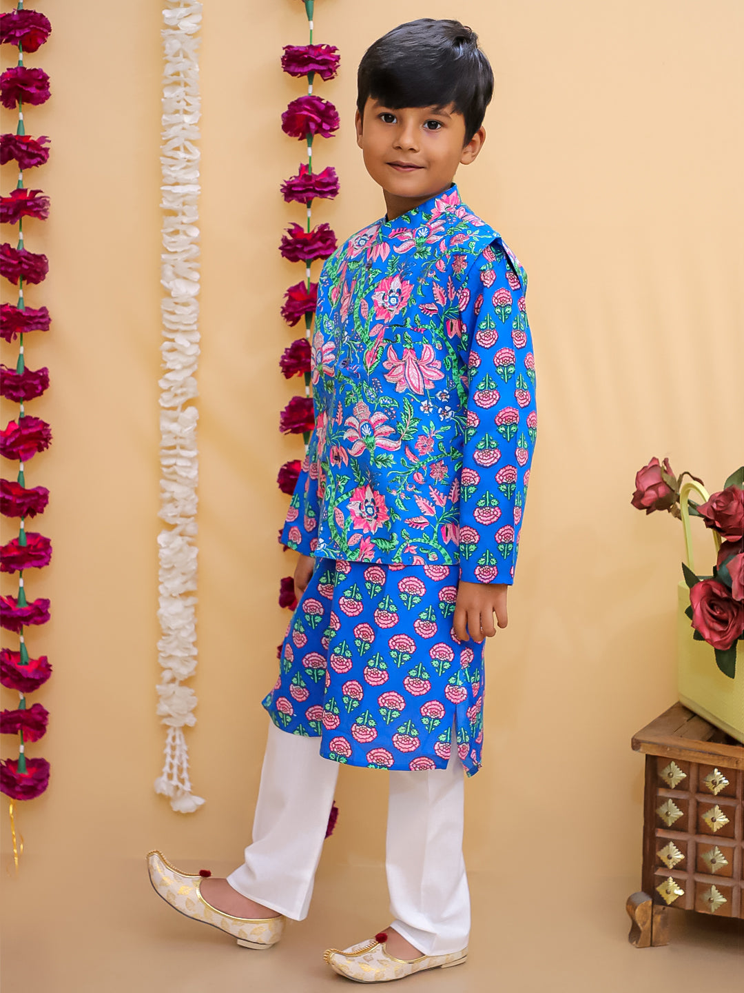 Blue Royale Boys Floral Print Jacket And Kurta Pajama Set