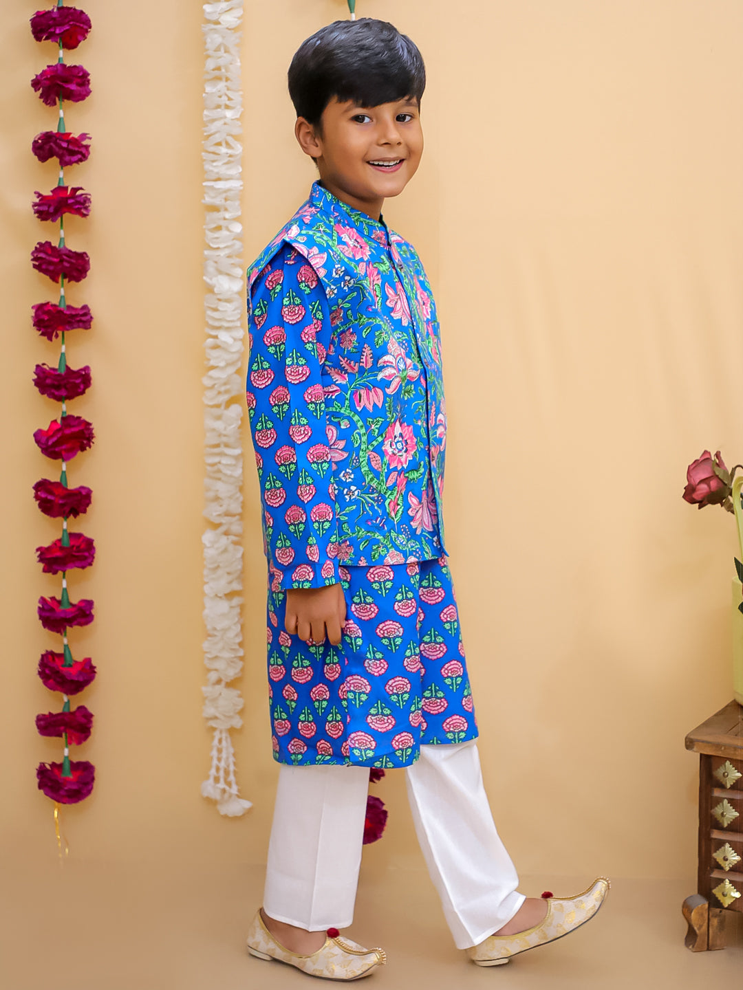 Ethnic Set-Blue Royal Floral Girls Kurta Set with Blue Royale Boys Jacket And Kurta Pajama Set