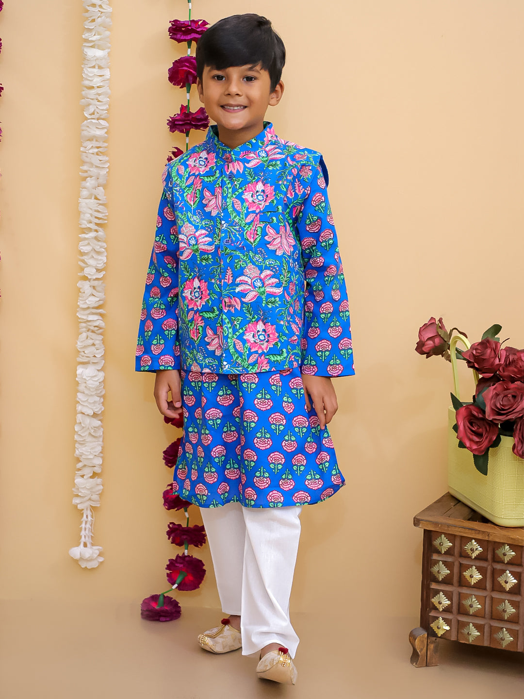 Ethnic Set-Blue Royal Floral Girls Kurta Set with Blue Royale Boys Jacket And Kurta Pajama Set